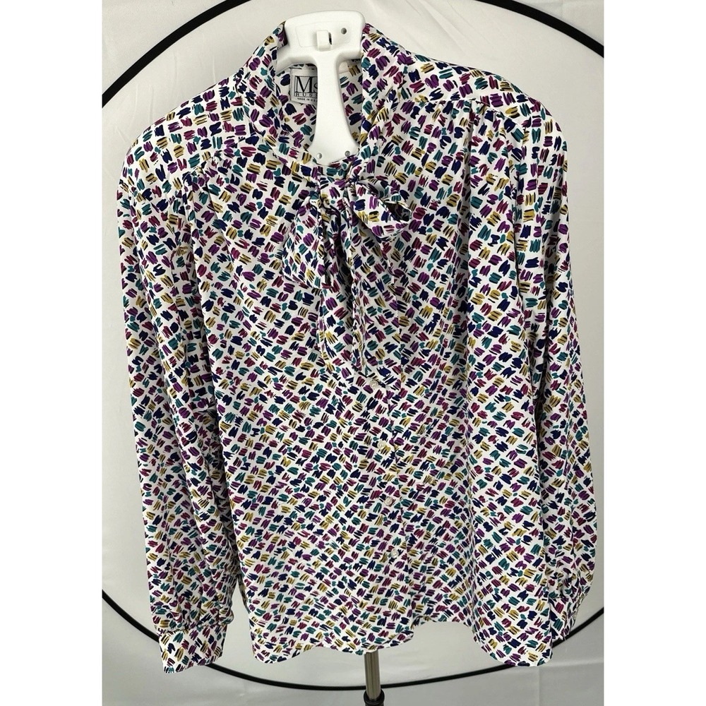 VTG Ms.Russ Made In U.S.A. Women's Sz 2XL Tie-neck Blouse Geometric Prints